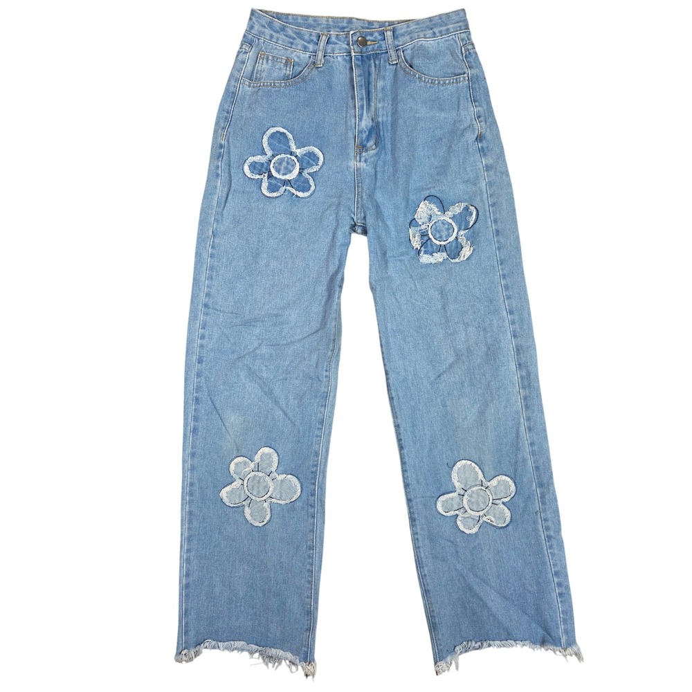 Womens Light Wash High Rise Straight Leg Jeans Flower Patch Frayed Hem Small